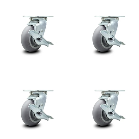 Service Caster 5 Inch Thermoplastic Rubber Caster Set with Ball Bearings and Brake/Swivel Lock SCC-30CS520-TPRBD-TLB-BSL-4
